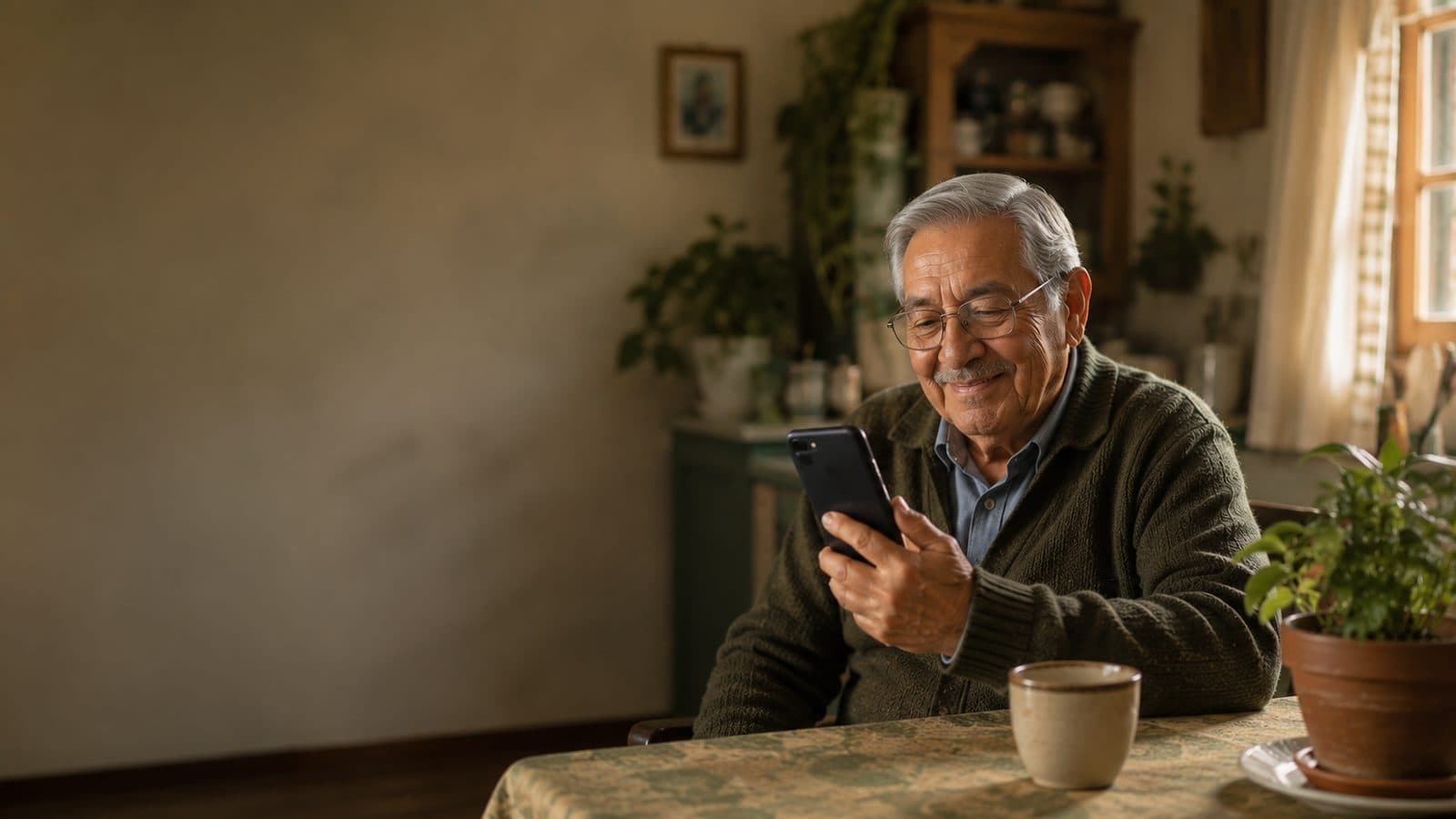 Adulto mayor sonriendo mientras revisa su teléfono en su cocina
