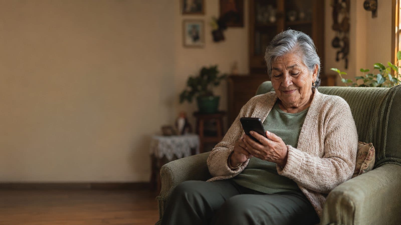 Adulta mayor sonriendo mientras mira su teléfono en la sala de su casa